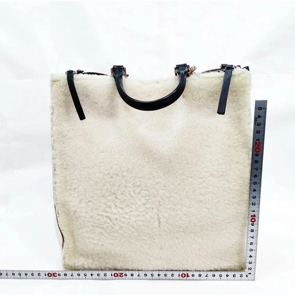 JIL SANDER Quiet Luxury Rare Leather-Trimmed Shearling Tote Bag W Shoulder Strap